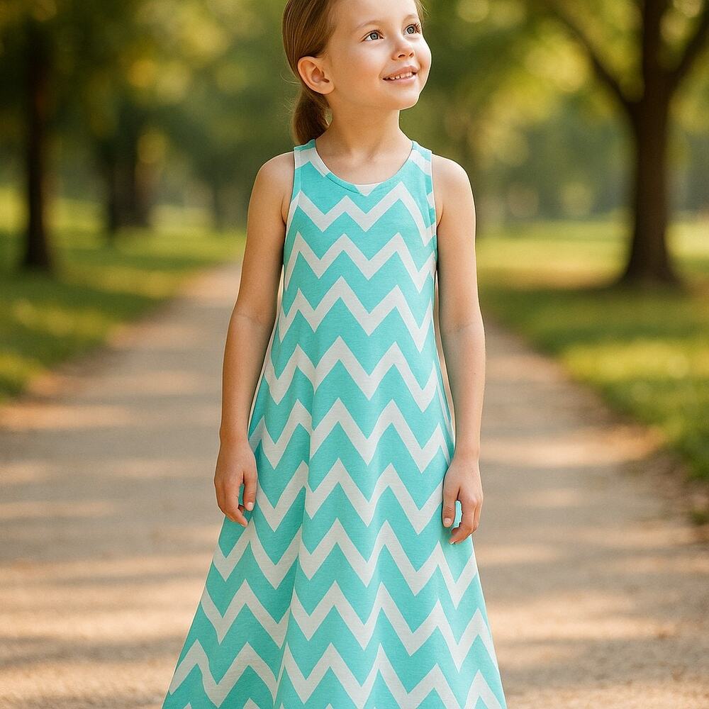 Whoops! Girls Dress Size 10 12 Maxi Blue White Chevron Sleeveless Tank